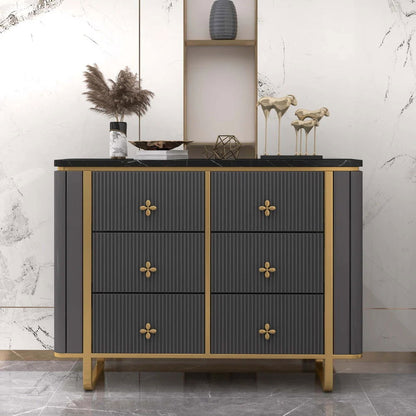 1200mm Modern Grey Dresser Faux Marble Top Cabinet with 6 Drawers - 