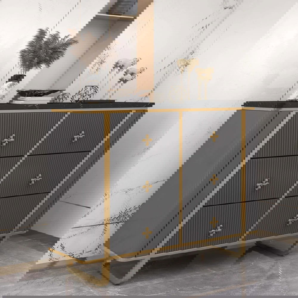 1200mm Modern Grey Dresser Faux Marble Top Cabinet with 6 Drawers - 