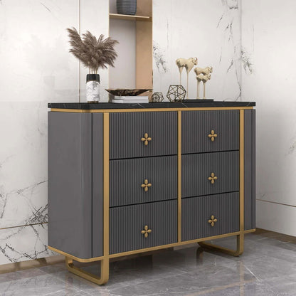 1200mm Modern Grey Dresser Faux Marble Top Cabinet with 6 Drawers - 
