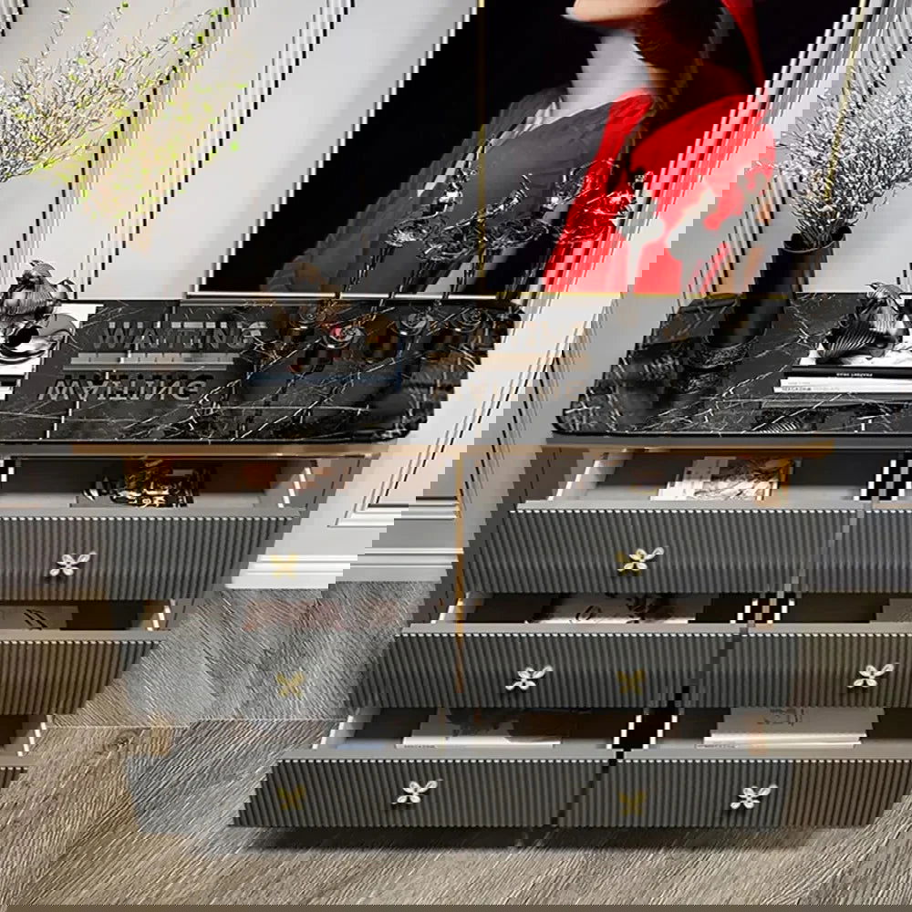 1200mm Modern Grey Dresser Faux Marble Top Cabinet with 6 Drawers - 