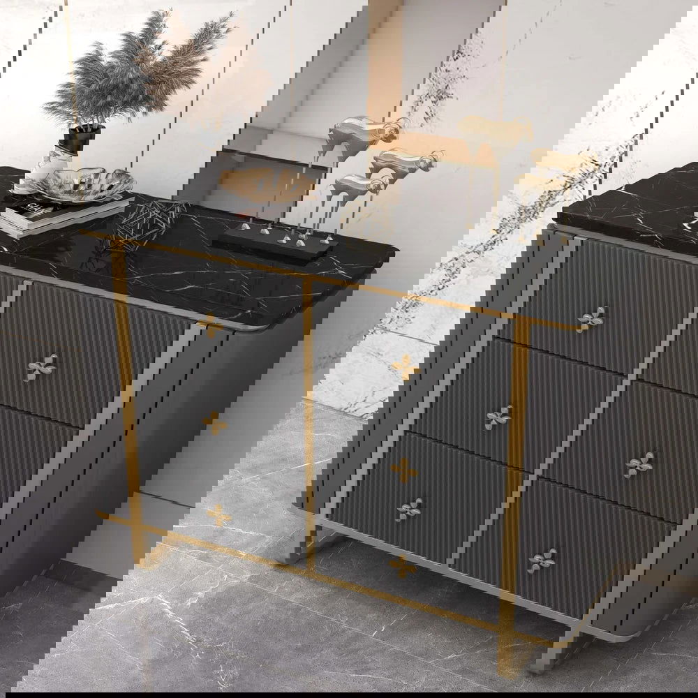 1200mm Modern Grey Dresser Faux Marble Top Cabinet with 6 Drawers - 