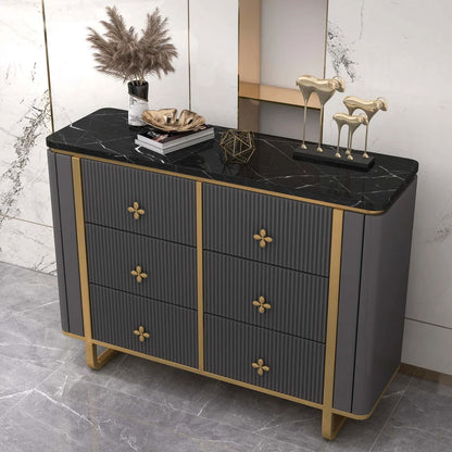 1200mm Modern Grey Dresser Faux Marble Top Cabinet with 6 Drawers - 