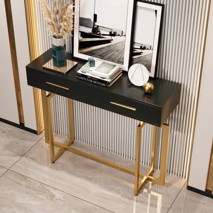1200mm Modern Narrow Black Console Table with Storage Drawers and Metal Legs in Gold - 