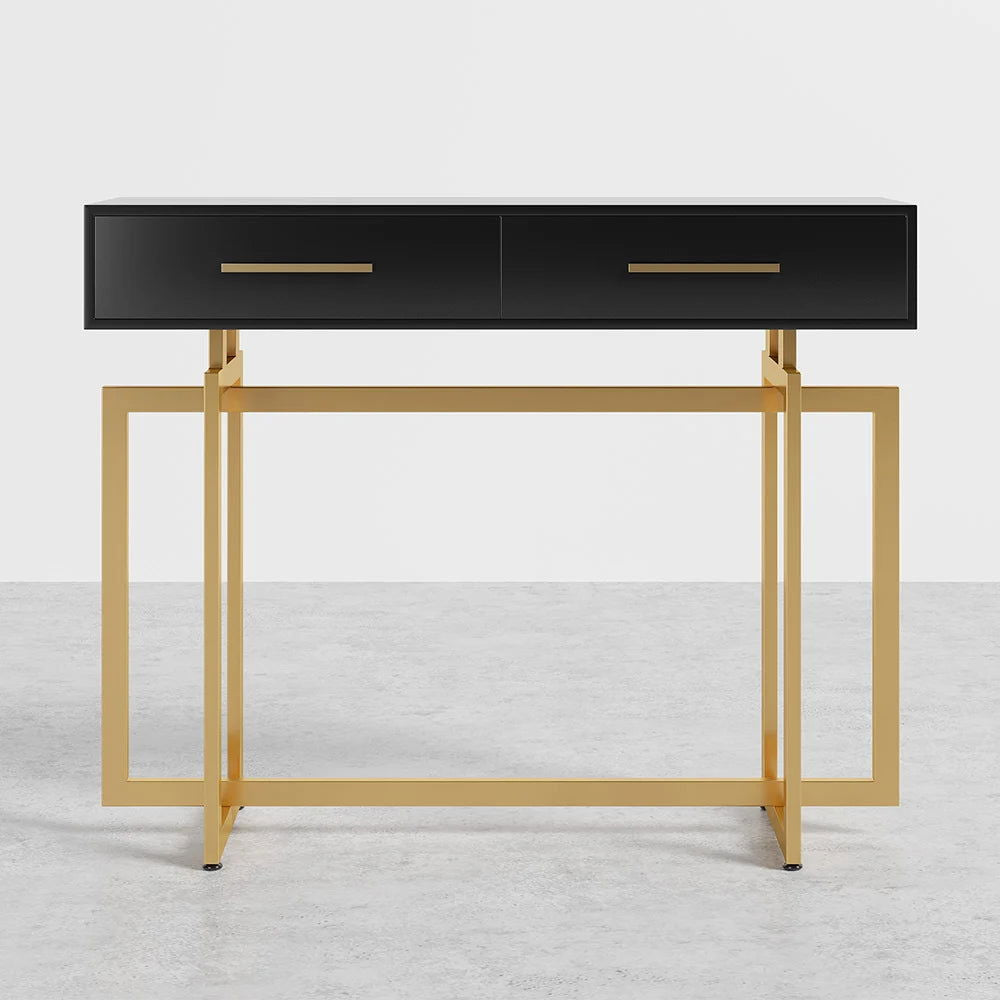 1200mm Modern Narrow Black Console Table with Storage Drawers and Metal Legs in Gold - 