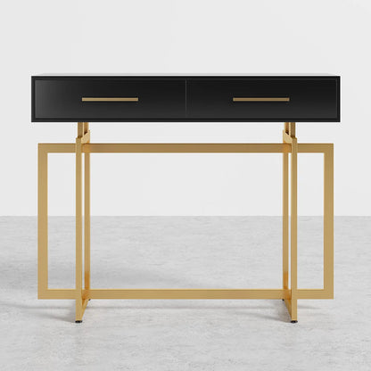 1200mm Modern Narrow Black Console Table with Storage Drawers and Metal Legs in Gold - 