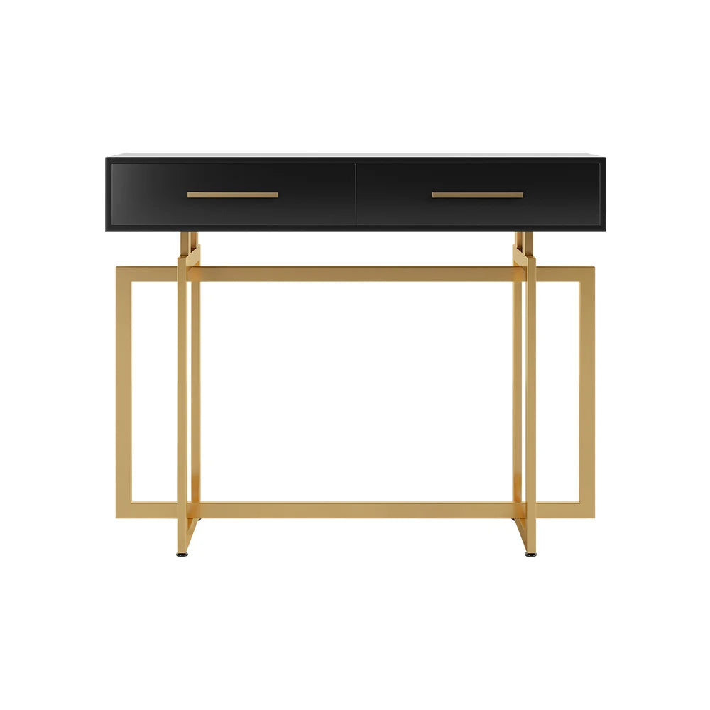 1200mm Modern Narrow Black Console Table with Storage Drawers and Metal Legs in Gold - 