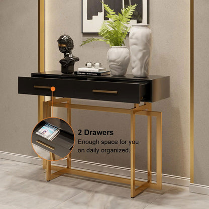 1200mm Modern Narrow Black Console Table with Storage Drawers and Metal Legs in Gold - 