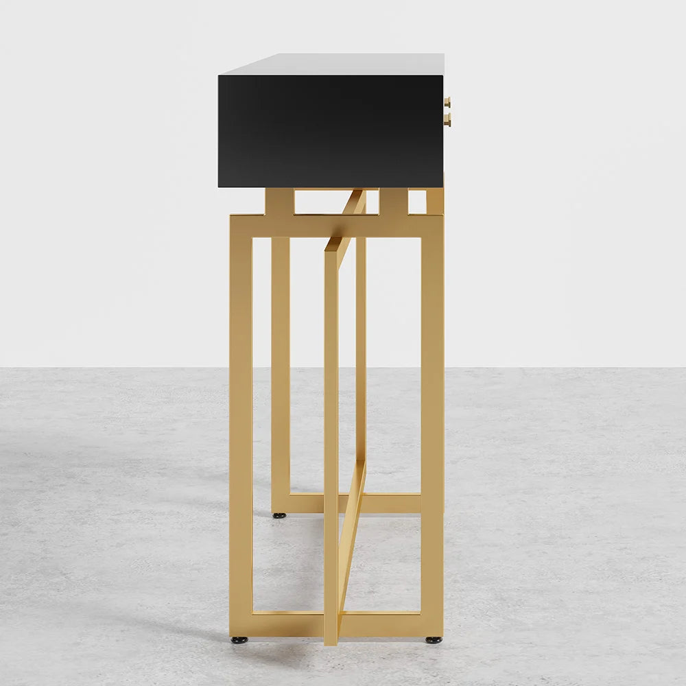 1200mm Modern Narrow Black Console Table with Storage Drawers and Metal Legs in Gold - 