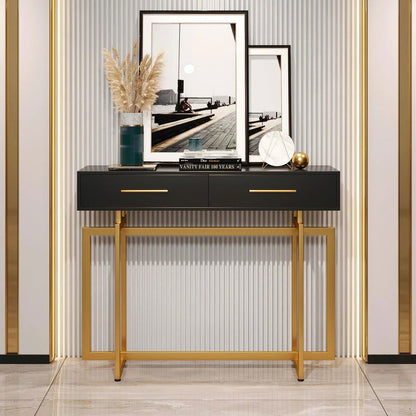 1200mm Modern Narrow Black Console Table with Storage Drawers and Metal Legs in Gold - 