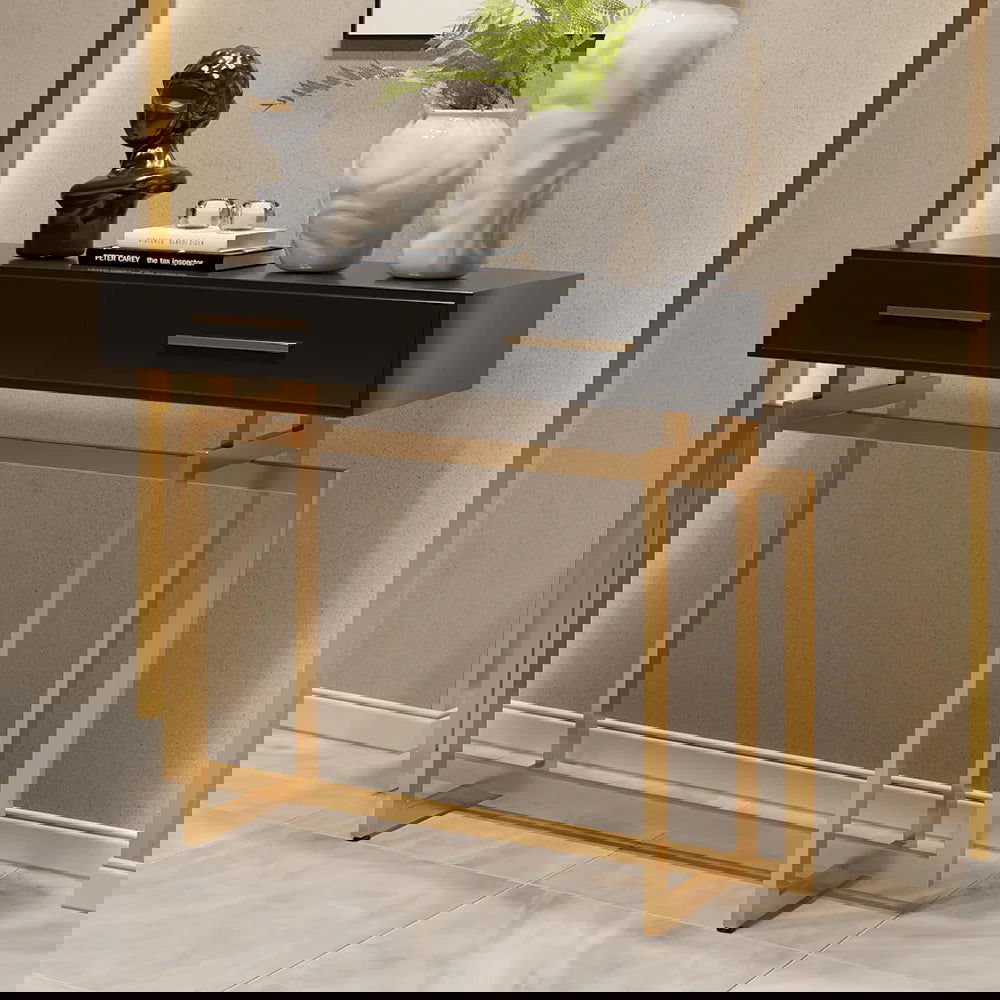1200mm Modern Narrow Black Console Table with Storage Drawers and Metal Legs in Gold - Homary