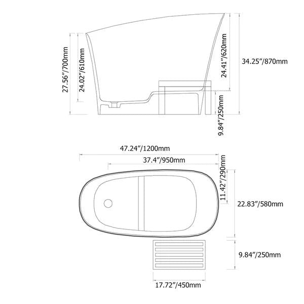 1200mm Modern Oblique Deep Freestanding Matte Black Stone Resin Japanese Soaking Bath - 