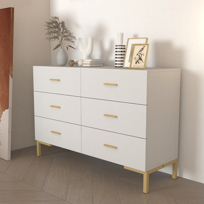 1200mm Modern White Bedroom Dresser 6-Drawer Accent Cabinet in Gold - 