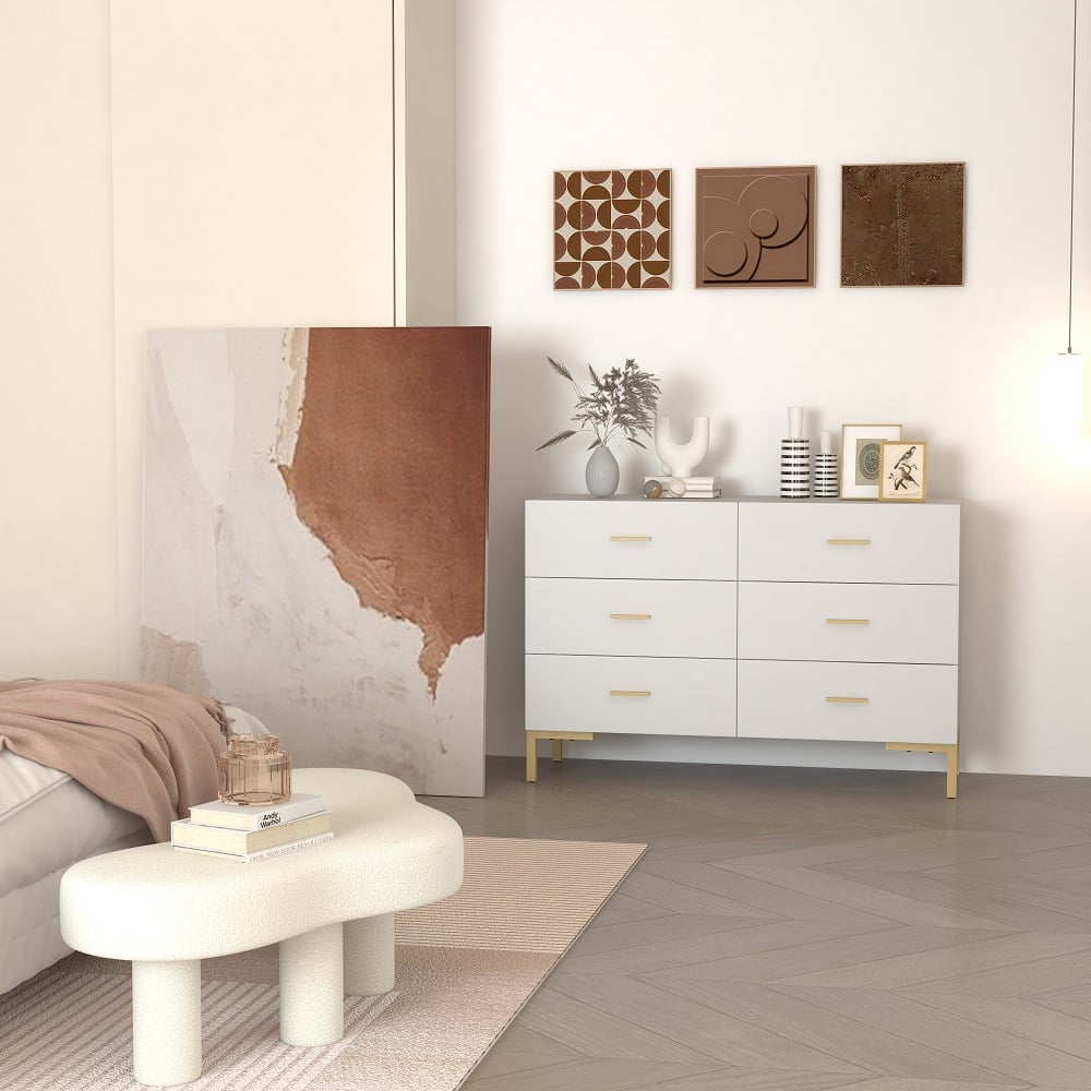 1200mm Modern White Bedroom Dresser 6-Drawer Accent Cabinet in Gold - 