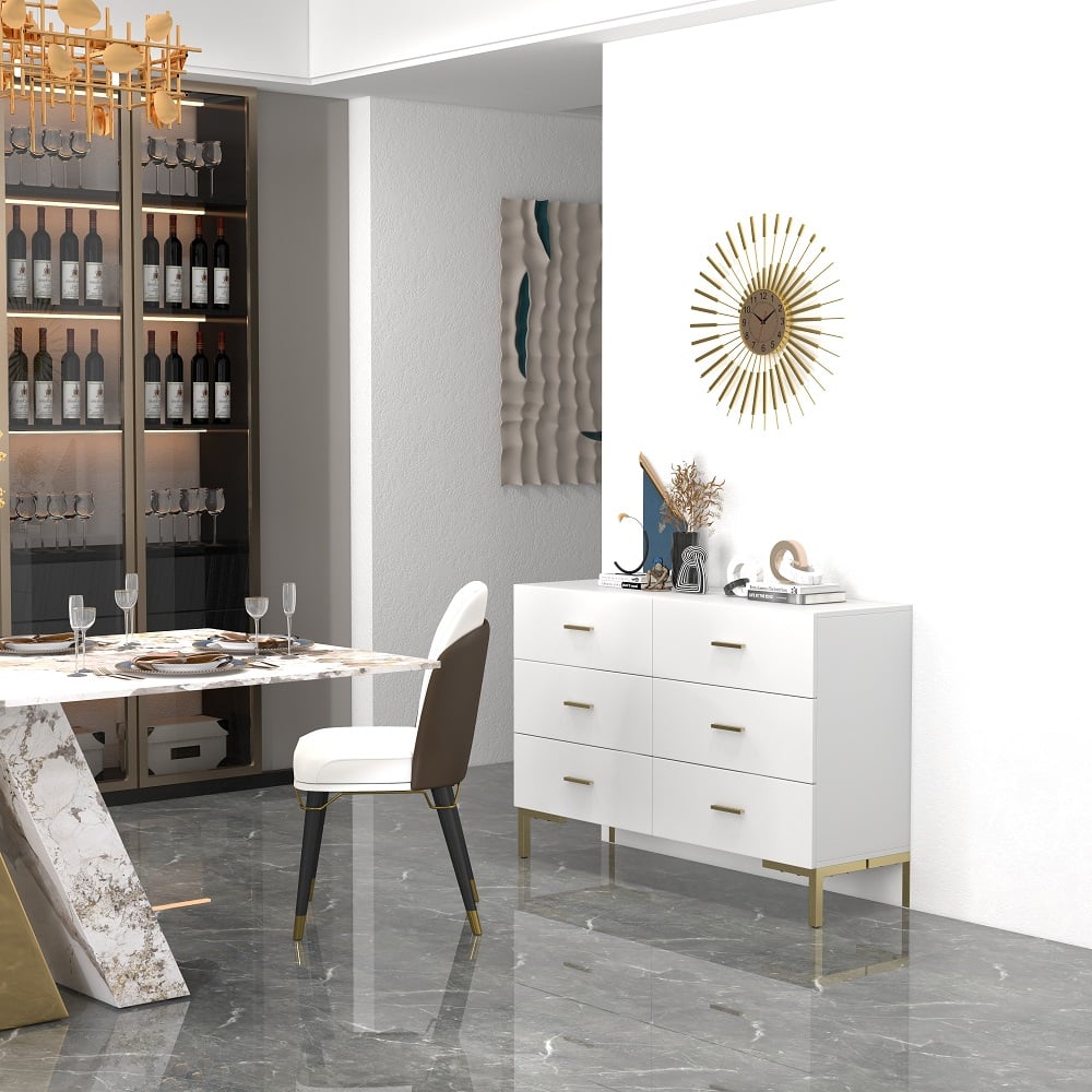 1200mm Modern White Bedroom Dresser 6-Drawer Accent Cabinet in Gold - 