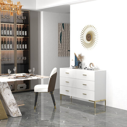 1200mm Modern White Bedroom Dresser 6-Drawer Accent Cabinet in Gold - 