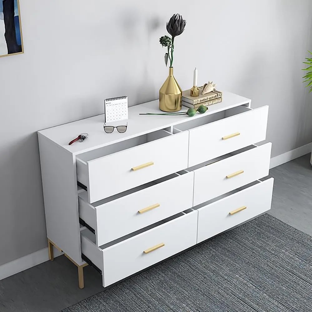 1200mm Modern White Bedroom Dresser 6-Drawer Accent Cabinet in Gold - 