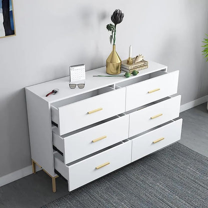 1200mm Modern White Bedroom Dresser 6-Drawer Accent Cabinet in Gold - 