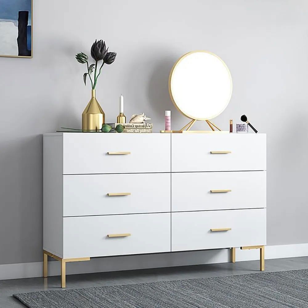 1200mm Modern White Bedroom Dresser 6-Drawer Accent Cabinet in Gold - 