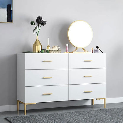 1200mm Modern White Bedroom Dresser 6-Drawer Accent Cabinet in Gold - 