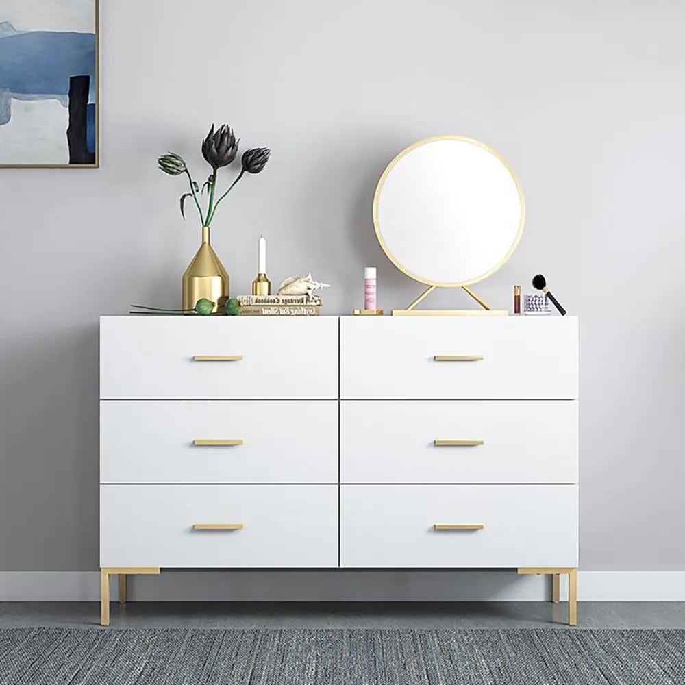 1200mm Modern White Bedroom Dresser 6-Drawer Accent Cabinet in Gold - 