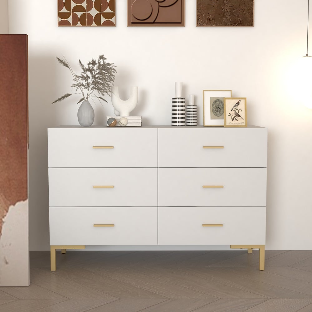 1200mm Modern White Bedroom Dresser 6-Drawer Accent Cabinet in Gold - Homary