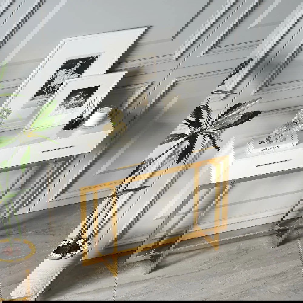 1200mm Narrow Console Table with Storage Drawers White Entryway Table with Metal Legs - 