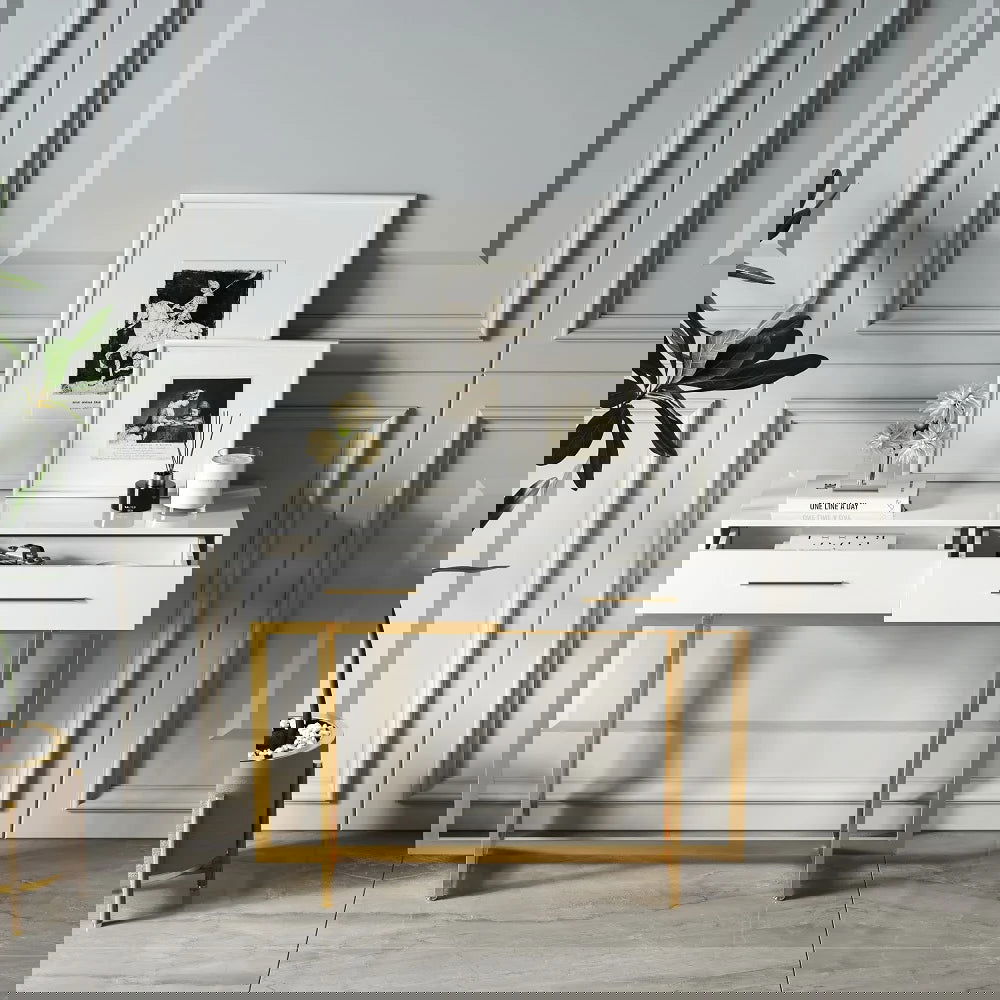 1200mm Narrow Console Table with Storage Drawers White Entryway Table with Metal Legs - 