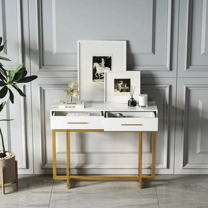 1200mm Narrow Console Table with Storage Drawers White Entryway Table with Metal Legs - 