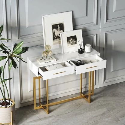 1200mm Narrow Console Table with Storage Drawers White Entryway Table with Metal Legs - 
