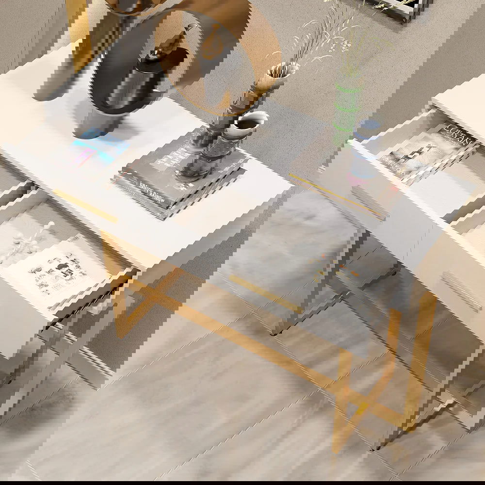 1200mm Narrow Console Table with Storage Drawers White Entryway Table with Metal Legs - Homary