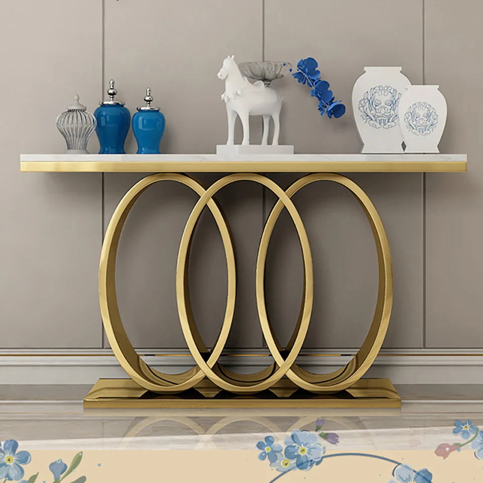 1200mm Narrow Modern White Console Table with Faux Marble Top & Stainless Steel Base - 