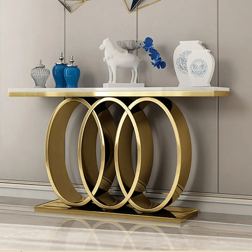 1200mm Narrow Modern White Console Table with Faux Marble Top & Stainless Steel Base - 