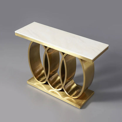 1200mm Narrow Modern White Console Table with Faux Marble Top & Stainless Steel Base - 