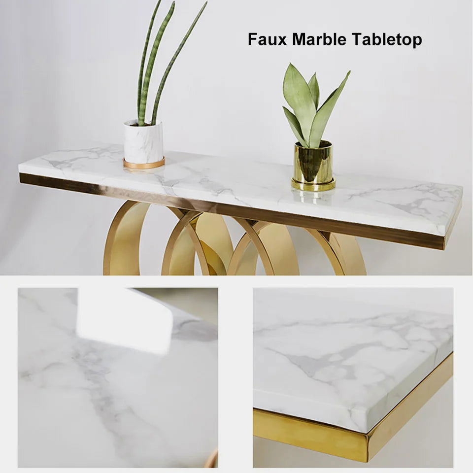 1200mm Narrow Modern White Console Table with Faux Marble Top & Stainless Steel Base - 