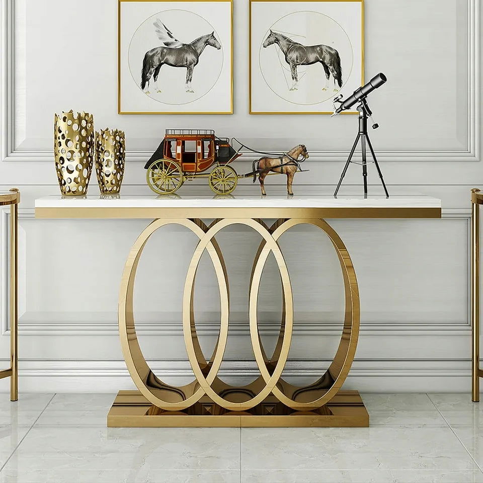 1200mm Narrow Modern White Console Table with Faux Marble Top & Stainless Steel Base - Homary