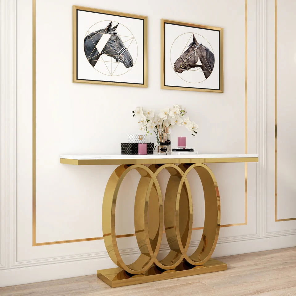 1200mm Narrow Modern White Console Table with Faux Marble Top & Stainless Steel Base - Homary