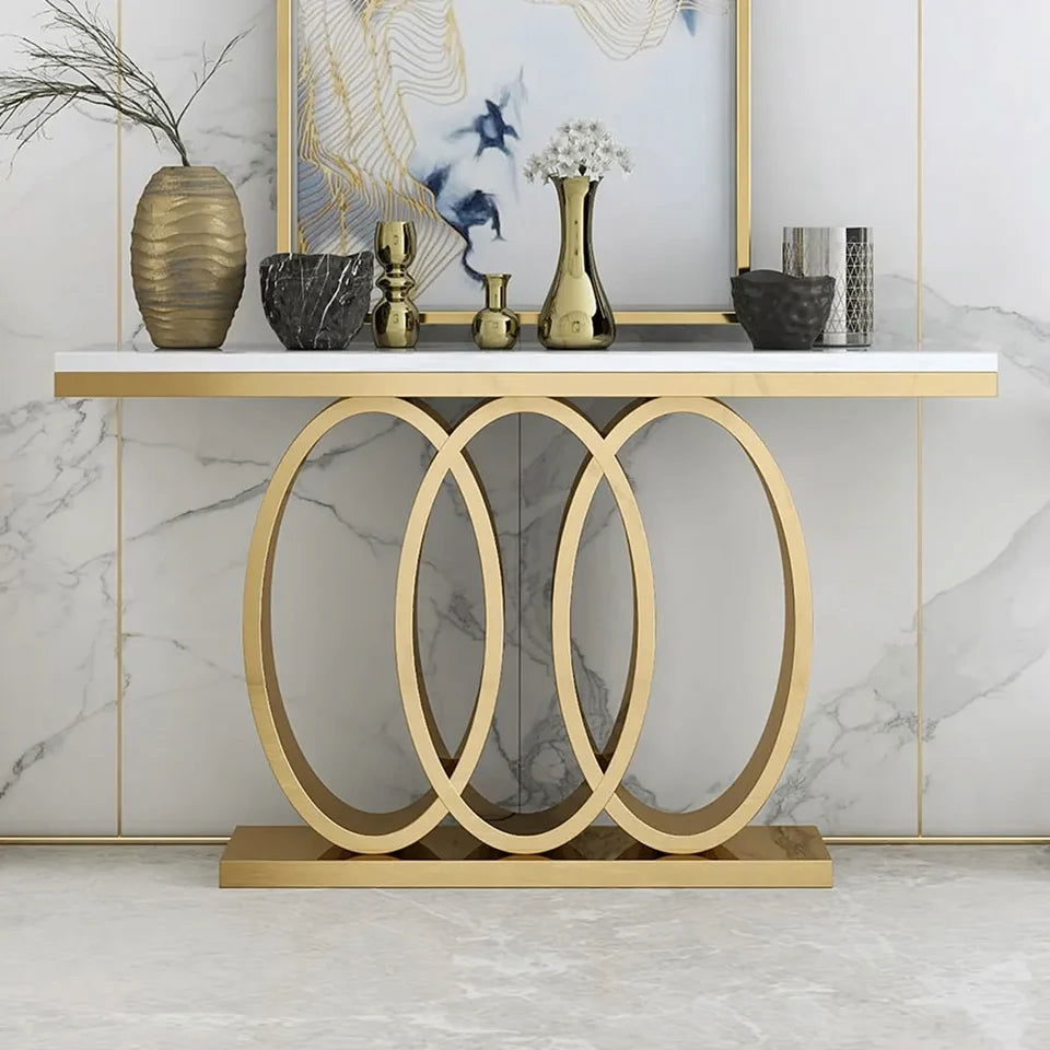 1200mm Narrow Modern White Console Table with Faux Marble Top & Stainless Steel Base - Homary