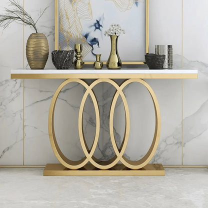 1200mm Narrow Modern White Console Table with Faux Marble Top & Stainless Steel Base - Homary