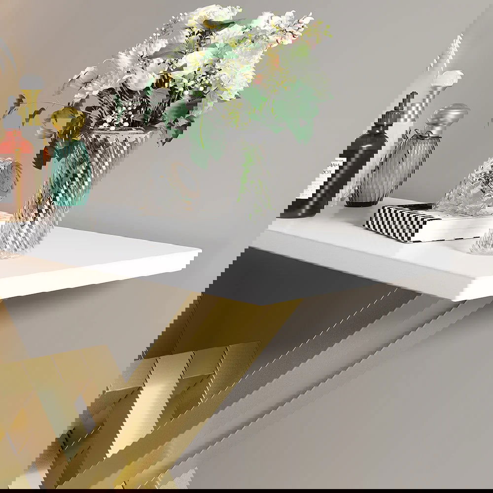 1200mm Narrow Rectangle White Console Table with Wooden Top and Gold Metal Base - 