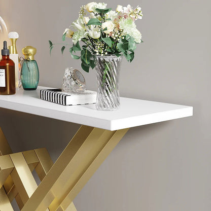 1200mm Narrow Rectangle White Console Table with Wooden Top and Gold Metal Base - 