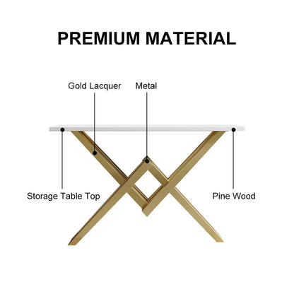 1200mm Narrow Rectangle White Console Table with Wooden Top and Gold Metal Base - 