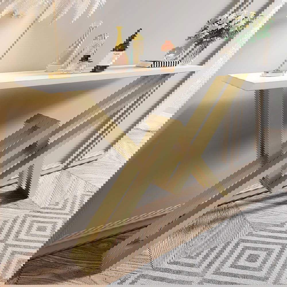 1200mm Narrow Rectangle White Console Table with Wooden Top and Gold Metal Base - Homary