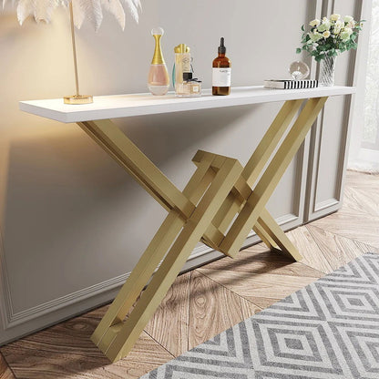 1200mm Narrow Rectangle White Console Table with Wooden Top and Gold Metal Base - Homary