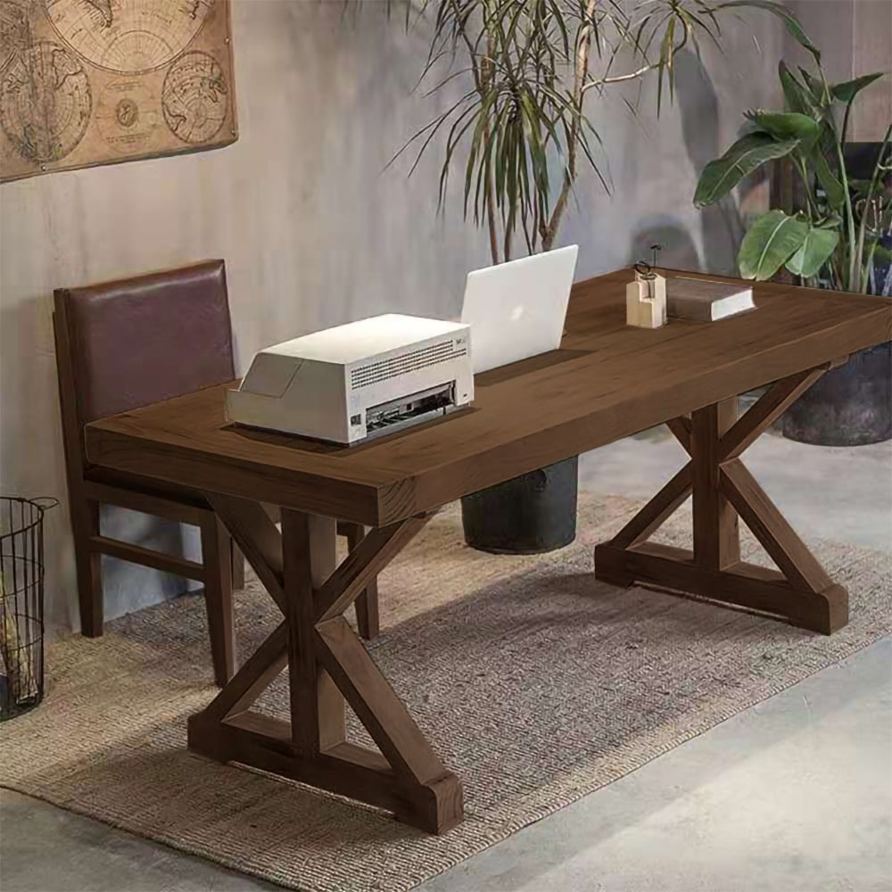 1200mm Rustic Farmhouse Wooden Office Desk in Walnut with Trestle - Homary