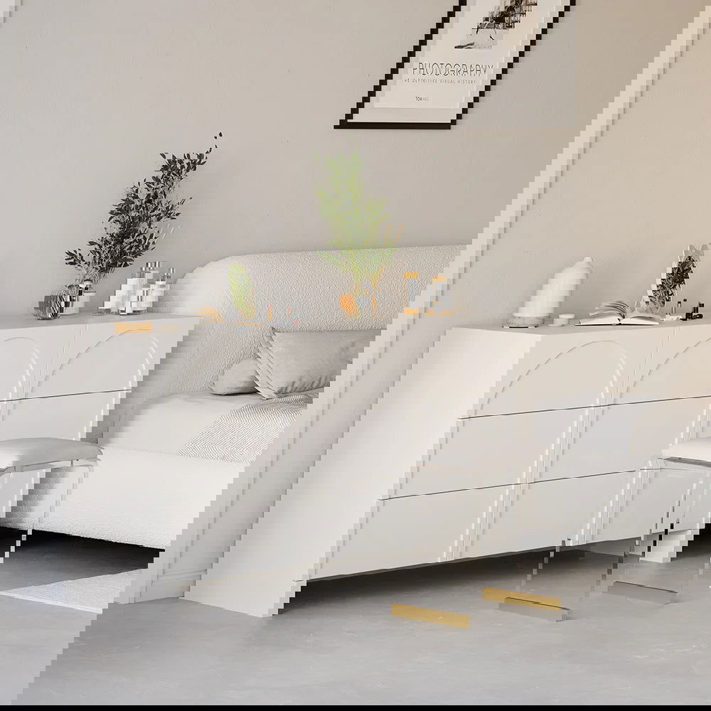 1350mm Japandi Cream White Dresser Nordic Arch Chest of 9 Drawers Storage Cabinet - 