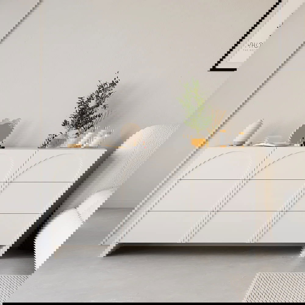 1350mm Japandi Cream White Dresser Nordic Arch Chest of 9 Drawers Storage Cabinet - Homary