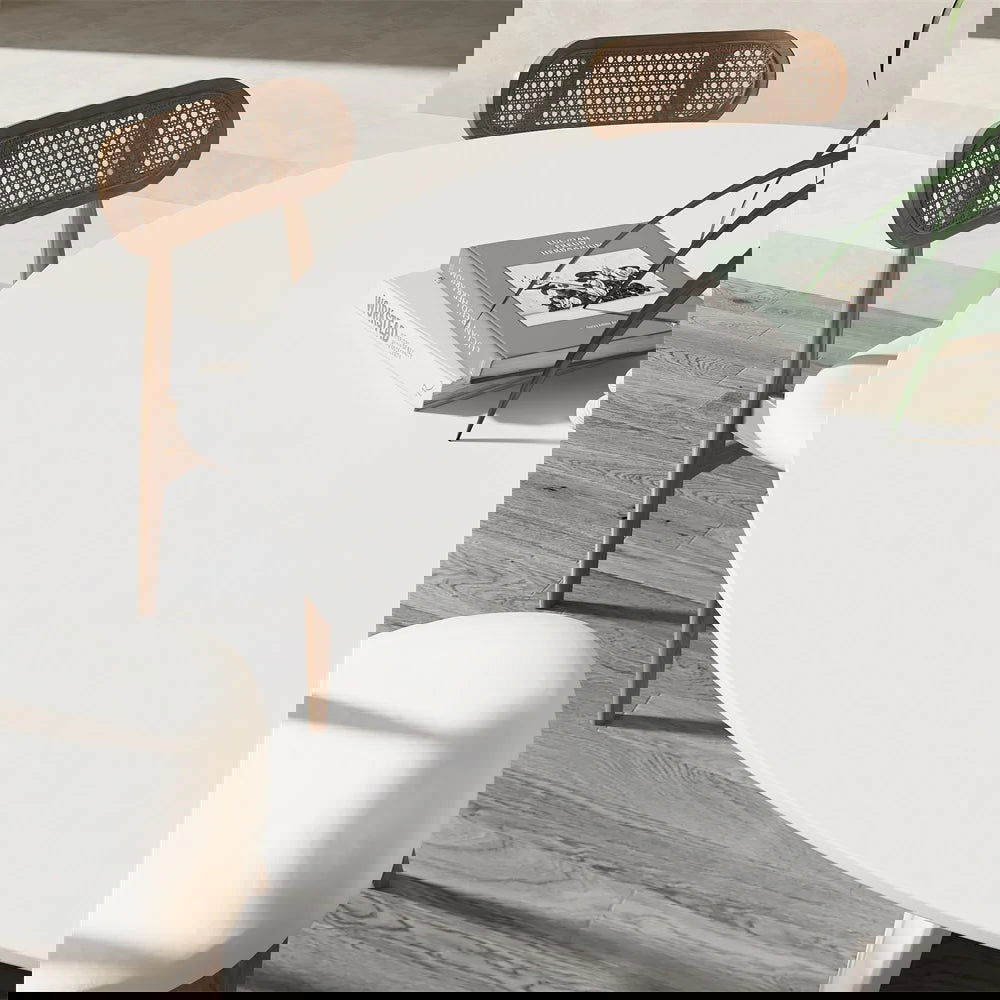 1350mm Modern Round Dining Table for 6 White Solid Wood Tabletop Pedestal Base - 