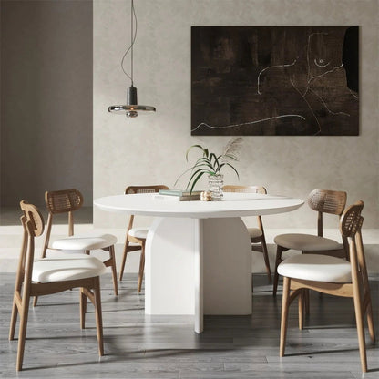 1350mm Modern Round Dining Table for 6 White Solid Wood Tabletop Pedestal Base - 