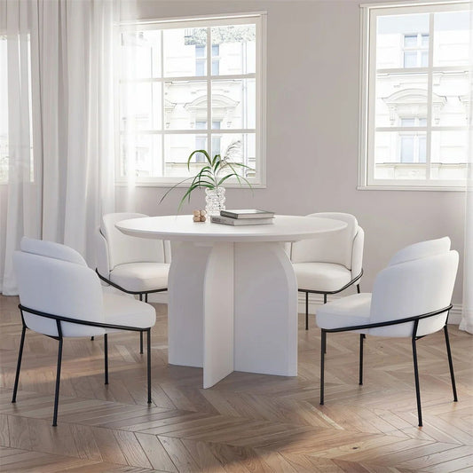 1350mm Modern Round Dining Table for 6 White Solid Wood Tabletop Pedestal Base - Homary