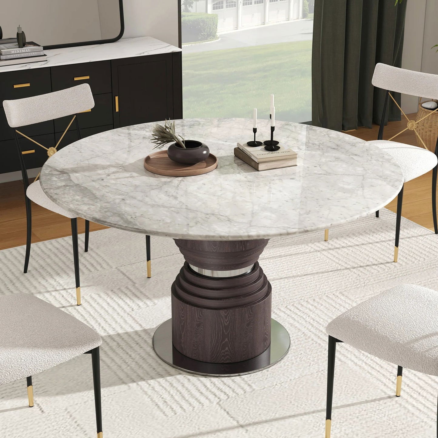 1360mm Grey Faux Marble Round Dining Table with Solid Wood Pedestal - 